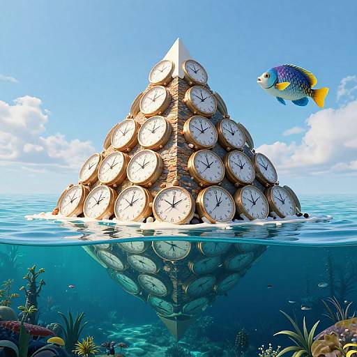 Digital artwork of a clock pyramid floating underwater with a colorful fish, clear blue sky, and marine life below.