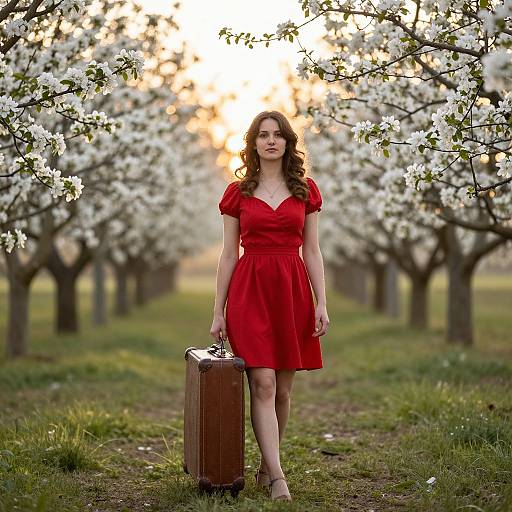 Photograph of a curly-haired woman in a red dress, standing in a blooming orchard at sunset, holding a brown suitcase.