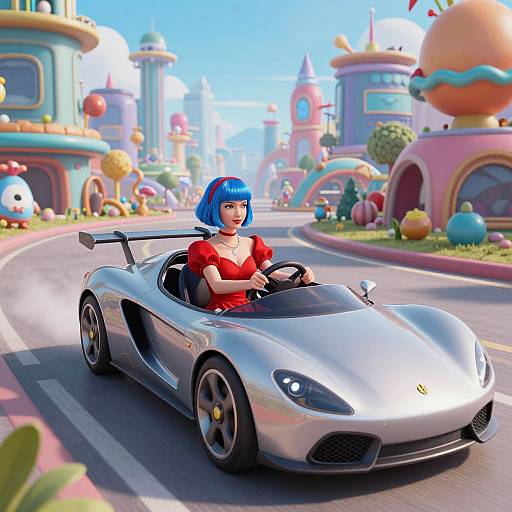 Digital art of a blue-haired woman in a red dress driving a silver sports car through a colorful, whimsical, cartoon-style city.