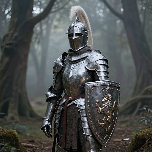 Photorealistic digital image of a medieval knight in shiny silver armor with a plume, holding a detailed shield, standing in a misty forest.