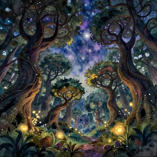 Dreamy, vibrant digital painting of a magical forest at night, featuring twisted trees, glowing fireflies, luminous flowers, and a starry sky