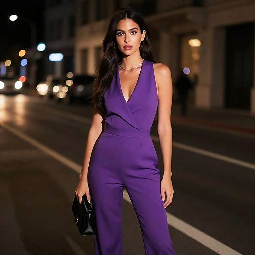 Woman in Purple Jumpsuit at Night