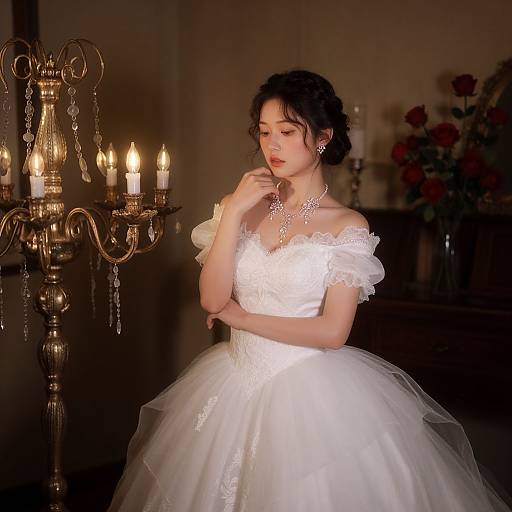 Photograph of an Asian woman with fair skin, wearing a white, lace off-shoulder wedding dress, standing beside a candlelit brass candel