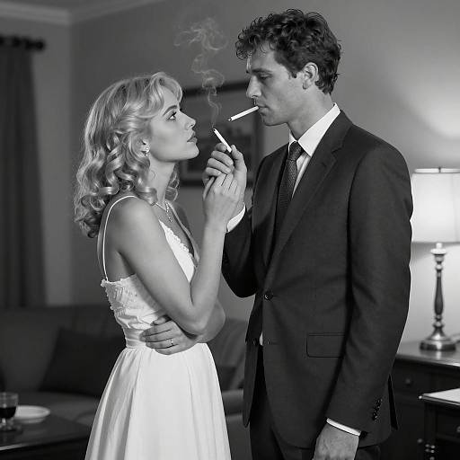 Black and White Couple Lighting Cigarettes