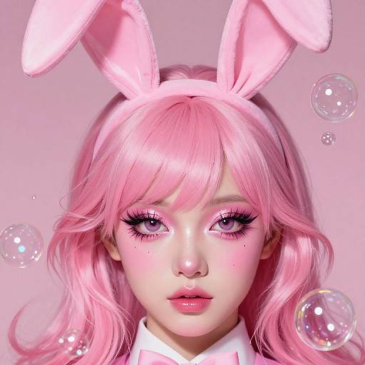 Digital anime-style portrait of a pink-haired girl with bunny ears, pink eyeshadow, and glossy lips, surrounded by floating bubbles.