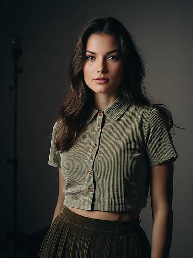 Woman in Casual Crop Top and Corduroy Skirt