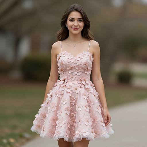 Photograph of a smiling young woman with wavy dark hair, wearing a pink, floral-embellished, sleeveless dress, standing outdoors on