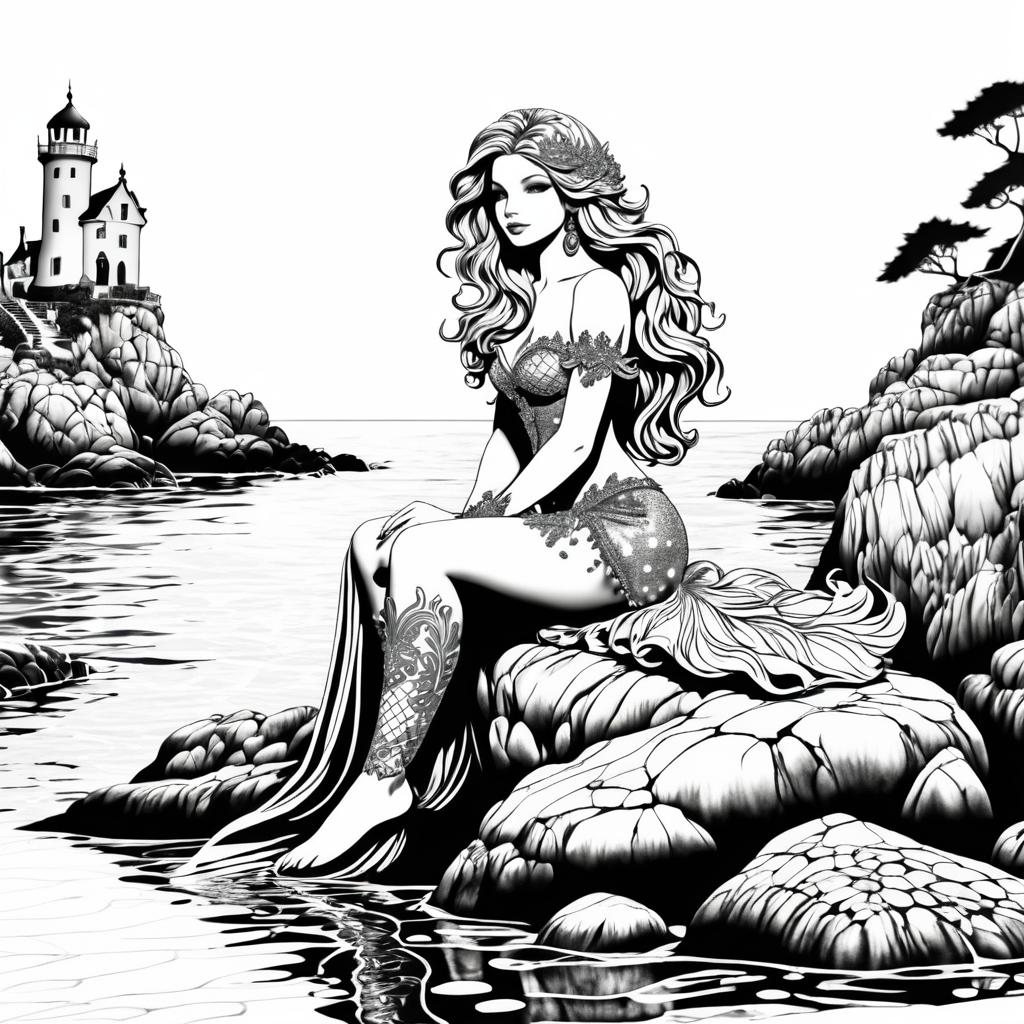 Charming Mermaid Ink Drawing in Backlight