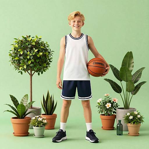 Sporty Teen with Basketball in Garden