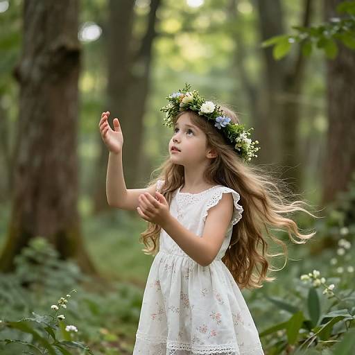 Photograph of a young girl with long brown hair, wearing a white floral dress and flower crown, raising hands in a sunlit forest.
