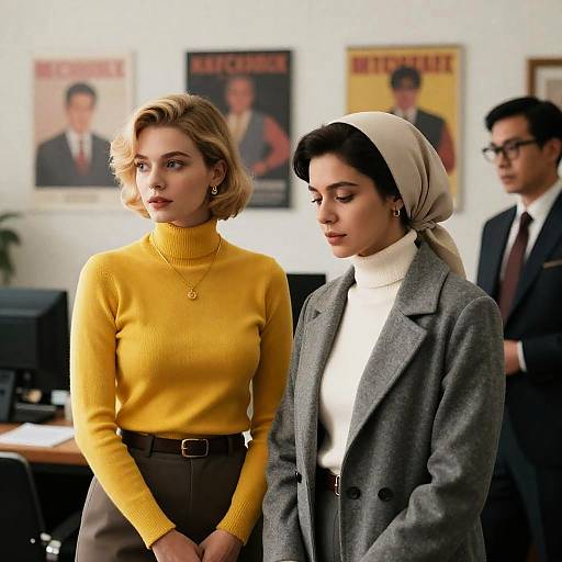 Two Women and Man in Retro Office