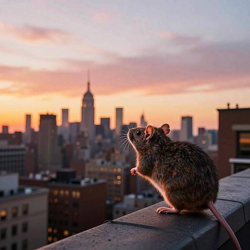 Photograph of a brown, furry mouse with a pink tail sitting on a rooftop ledge, looking up at a sunset city skyline with blurred skyscrapers