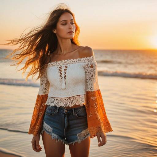Woman at Ocean Sunset in Bohemian Outfit