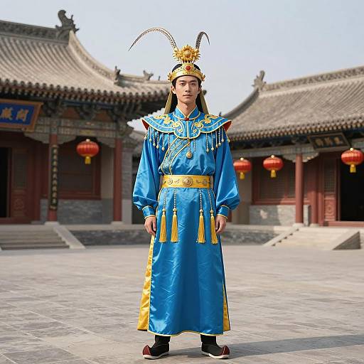 Traditional Chinese Man in Blue Costume