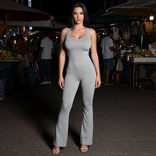 Photograph of a confident woman with straight black hair, wearing a light gray, form-fitting jumpsuit and sandals, standing in a dimly lit