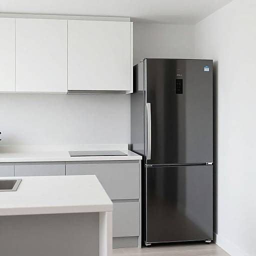 Modern kitchen photograph: White cabinets, white countertops, black refrigerator with door, stainless steel sink, bright white walls, minimalistic design.