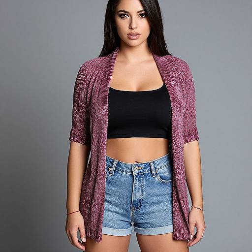 Photograph of a young woman with long black hair, wearing a black crop top, high-waisted denim shorts, and a textured purple cardigan