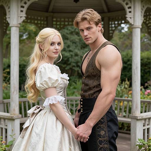 Photograph of a muscular, fair-skinned man in black vest and pants, holding hands with a blonde woman in a white, puffed-slee
