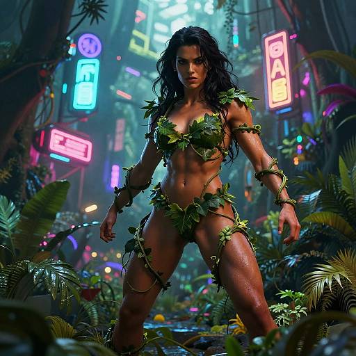 Digital artwork of a muscular, dark-haired woman in leaf bikini, standing confidently in a neon-lit, jungle city street. Vibrant neon signs and
