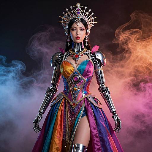 Digitally rendered Asian queen with metallic armor, colorful rainbow dress, crown, and smoky background. Regal, futuristic, and vibrant.