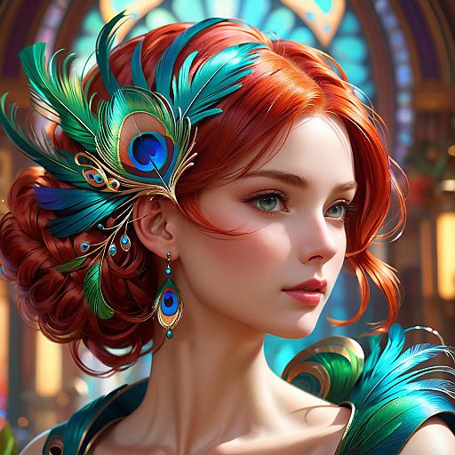 Redhead Woman with Peacock Feather Accessories