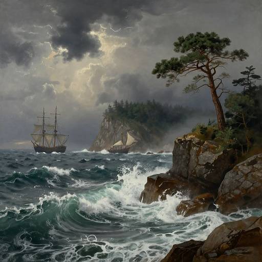Stormy seascape painting: turbulent waves crash against rocky cliffs, pine trees sway, a distant ship with billowing sails struggles against dark, stormy