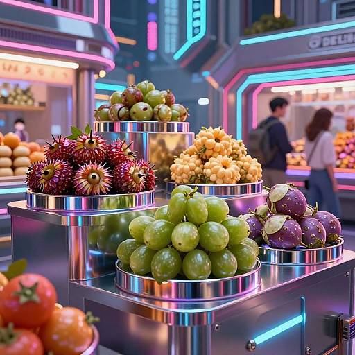 Neon-lit market stall displaying stacked metal bowls with vibrant fruits: green grapes, purple grapes, spiky rambutans, and yellow grapes