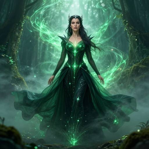 Digital fantasy artwork of a dark-haired, green-lit, fair-skinned sorceress in a flowing black gown, surrounded by glowing green magic in