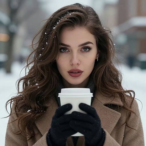 Photograph of a young woman with wavy brown hair, wearing a beige coat, black gloves, and holding a coffee cup, standing in a snowy