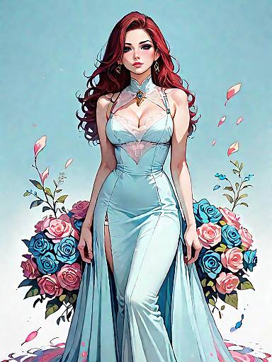 Elegant Woman in Flowing Chiffon Dress with Lace-Up Design