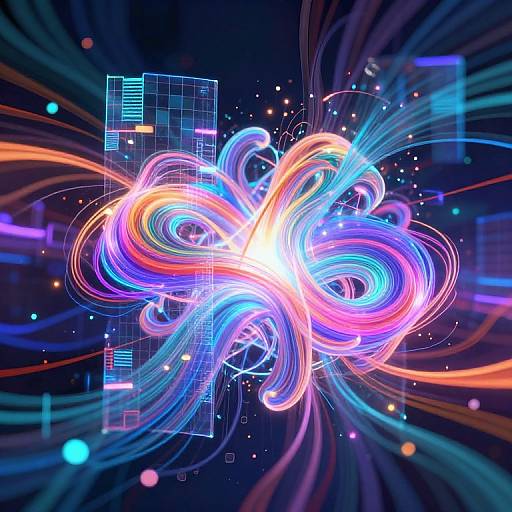 Digital art of vibrant, neon-colored, swirling light trails in pink, blue, and orange, surrounded by glowing lines and geometric grids on a dark blue