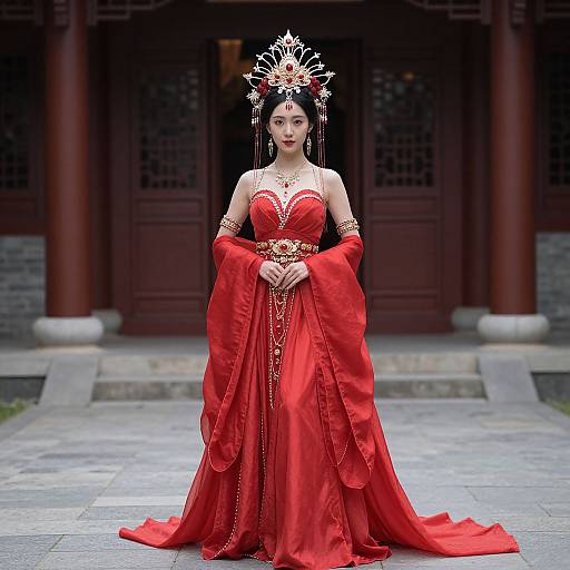 Photograph of an East Asian woman in a vibrant red, traditional Chinese-style gown with wide sleeves, ornate headpiece, and jewelry, standing in