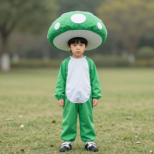 Boy in Green Mushroom Costume Outdoors