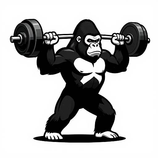 Black and white digital illustration of a muscular gorilla lifting a heavy barbell over its shoulders, standing in a powerful stance. Bold, cartoon-style,
