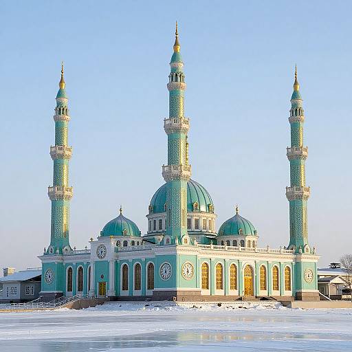 Photograph of a turquoise mosque with four minarets and green domes, set against a clear blue sky, surrounded by snow.