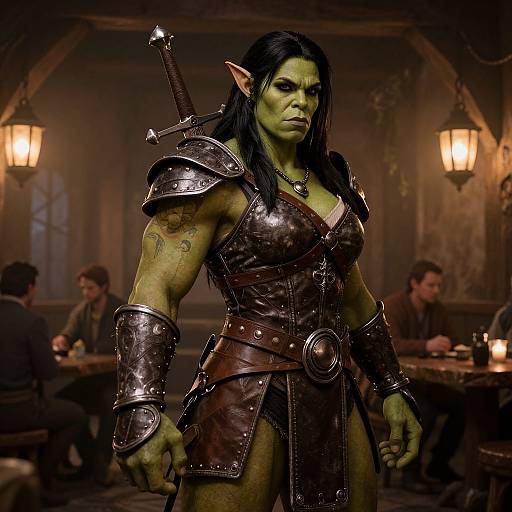 Photorealistic CGI: Green-skinned, muscular female orc with long black hair, wearing dark brown armor, standing in dimly lit medieval tavern,