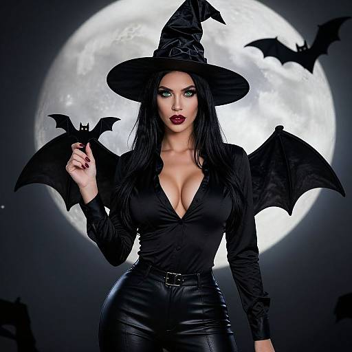 Photograph-style digital image: Busty woman with pale skin, black witch hat, bat wings, and leather pants, stands against a full moon, holding