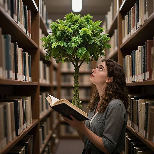 Photograph of a curly-haired woman in a denim jacket, holding an open book, gazing at a magical green tree between library bookshelves.