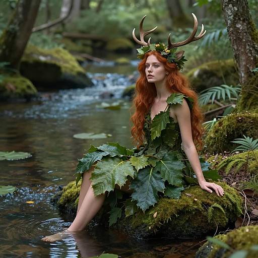 Fantasy Woman with Deer Antlers by Forest Stream