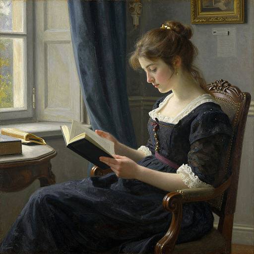 Photorealistic painting of a young woman with fair skin and brown hair, reading a book in a Victorian-style room, wearing a dark blue dress with