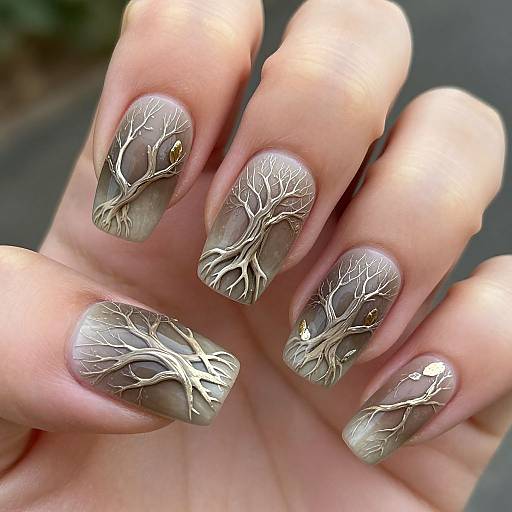 Photograph of a hand with intricate white tree branch nail art on short, square-shaped, metallic brown nails. Background is blurred.