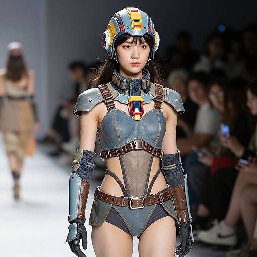 Photograph of an Asian woman on a fashion runway wearing a futuristic, armored, blue leather bodysuit with brown straps and a colorful helmet, in