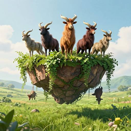 Digital artwork of five goats with varying fur colors and horns, standing on a floating, plant-covered rock in a lush, green meadow under a bright