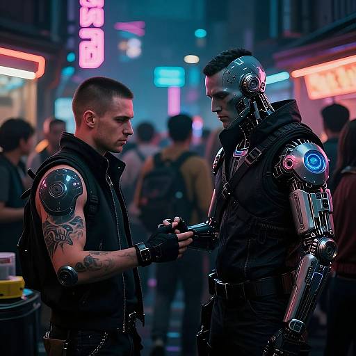 Cyberpunk night scene: muscular man with tattooed arm and leather vest, stands face-to-face with robotic human with glowing blue and pink eyes,
