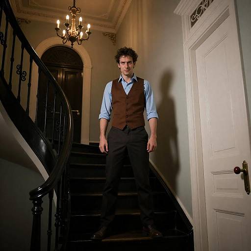 Man in Blue Attire on Curved Staircase