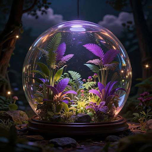 Photograph of a glowing, colorful glass snow globe with vibrant purple, green, and yellow ferns illuminated by neon lights, set in a dark,