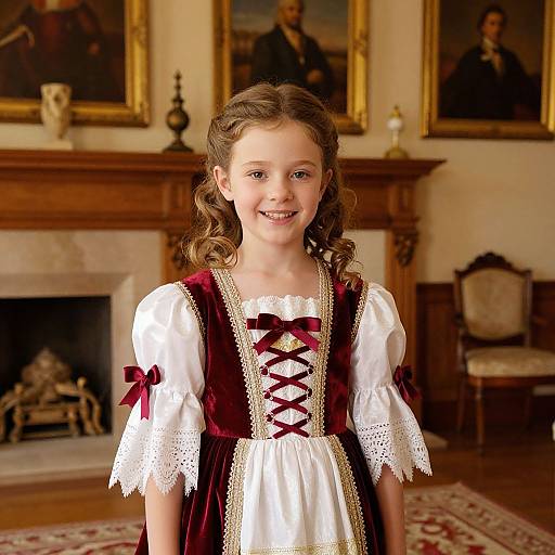 Photograph of a young girl with curly brown hair, wearing a white lace-trimmed dress with maroon velvet bodice, standing in a warmly
