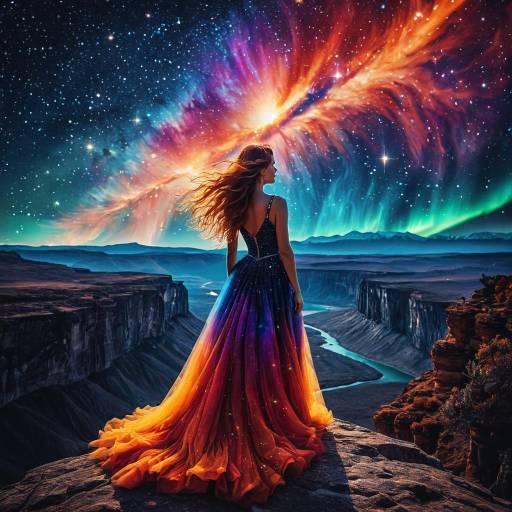 Woman in Cosmic Gown Under Aurora Sky Woman in Cosmic Gown Under Aurora Sky