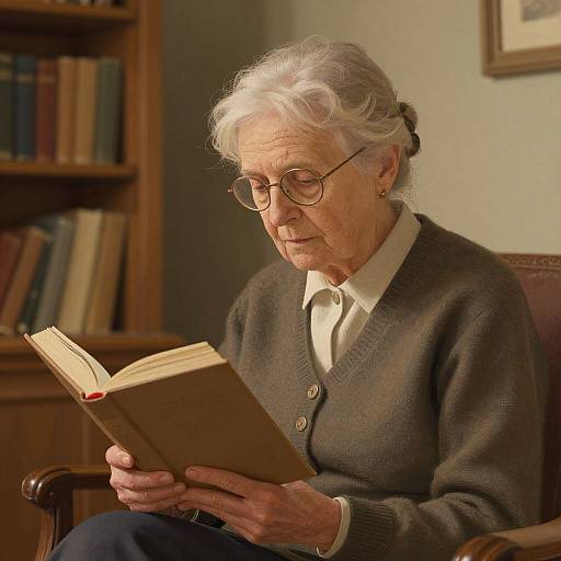 Photograph of an elderly white woman with white hair, glasses, and brown cardigan, reading a book in a cozy, book-filled room.