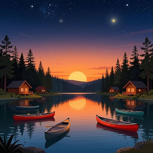 Colorful Canoes at Tranquil Lakeside